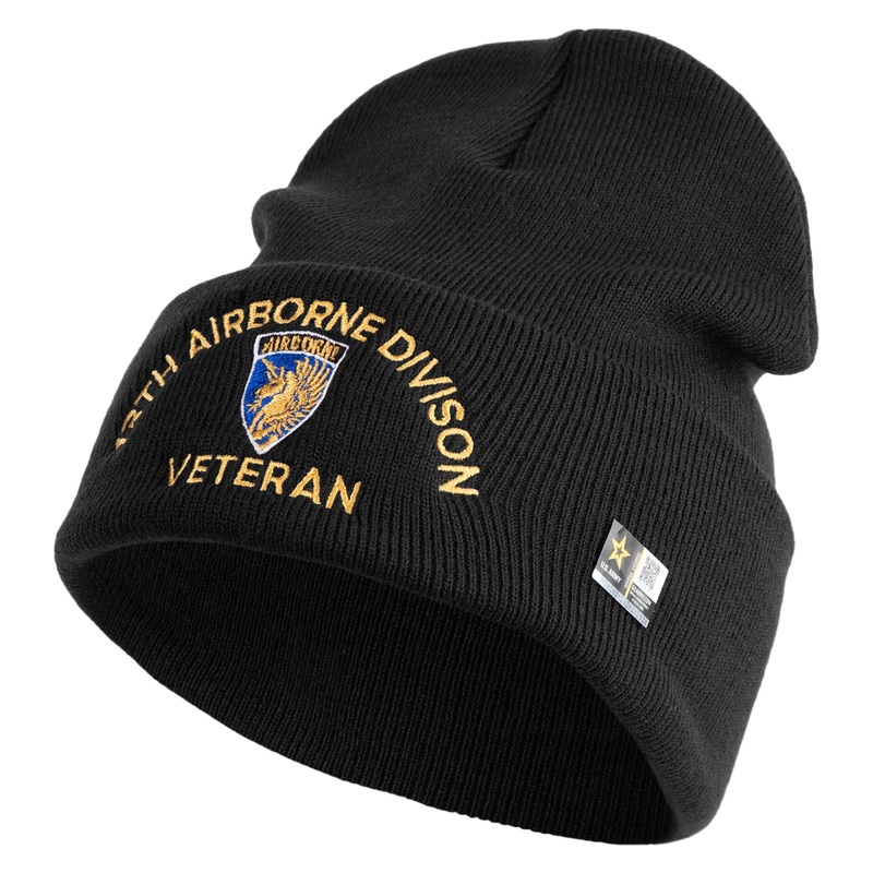 U.S. Army 13th Airborne Divison Logo Embroidered 12 Inch Solid Knit Cuff Long Beanie Made in USA Black One Size