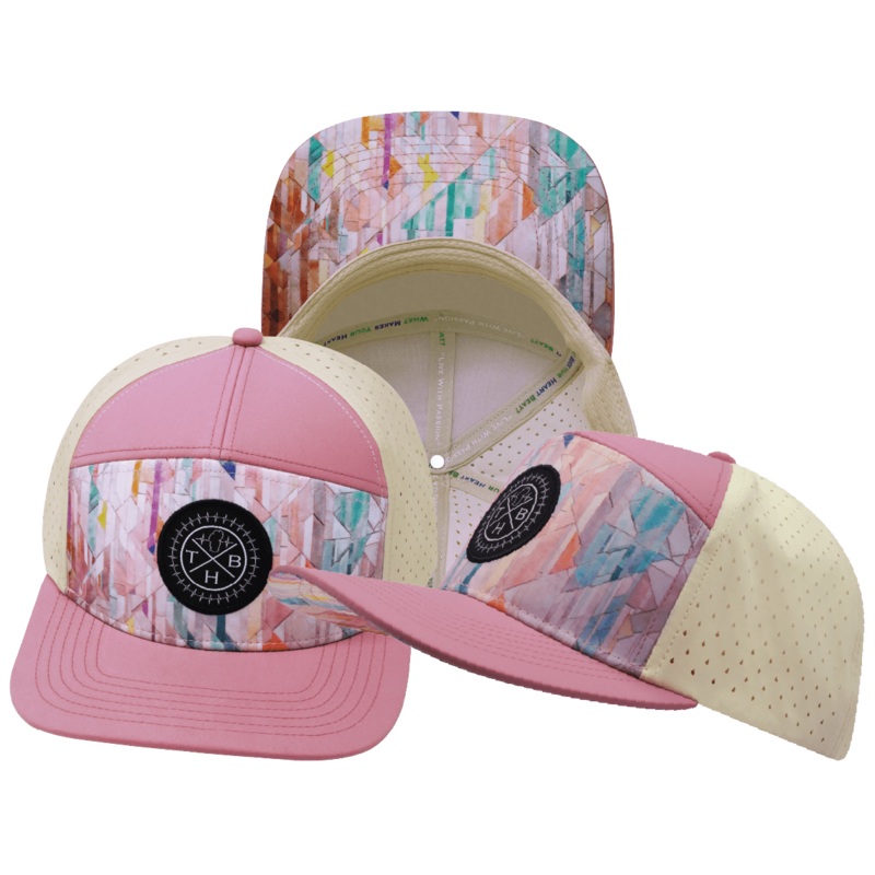 Color Vibes Hat – Flat Bill – Geo Mosaic – Pink Peach / Cream – Laser Mesh