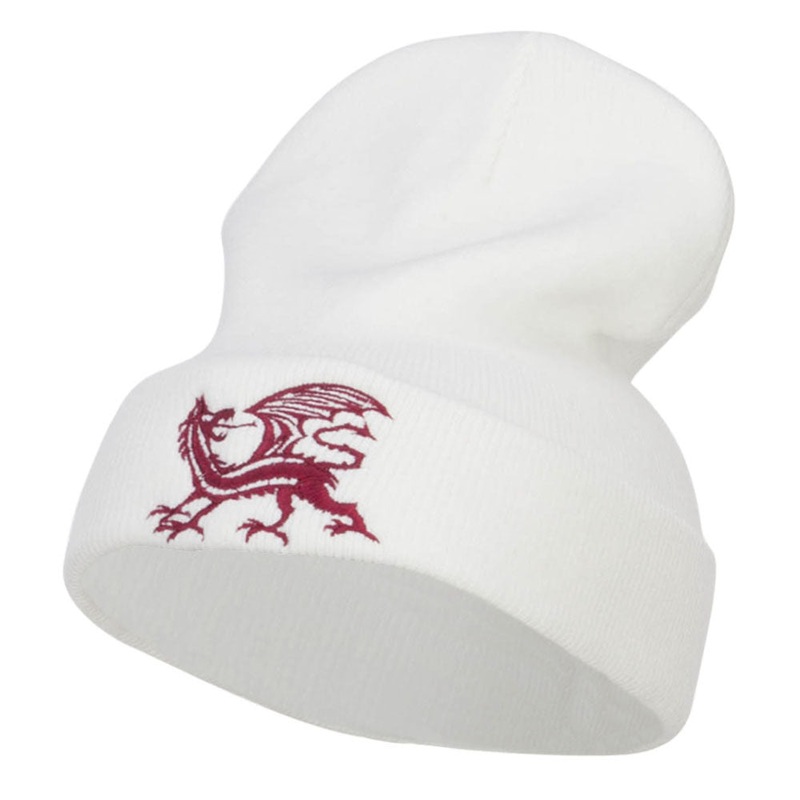 Dragon Emblem Embroidered Long Beanie White One Size