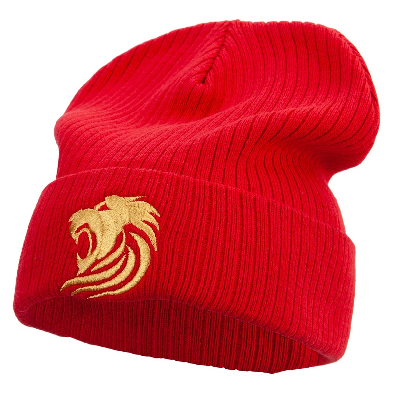Gold Lion Embroidered Big Size Cuff Long Beanie Red XL-3XL