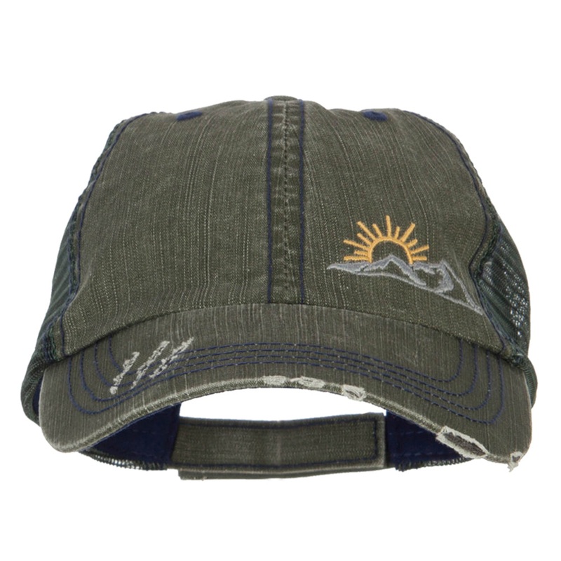 Mountain Scene Embroidered Cotton Mesh Cap Green One Size