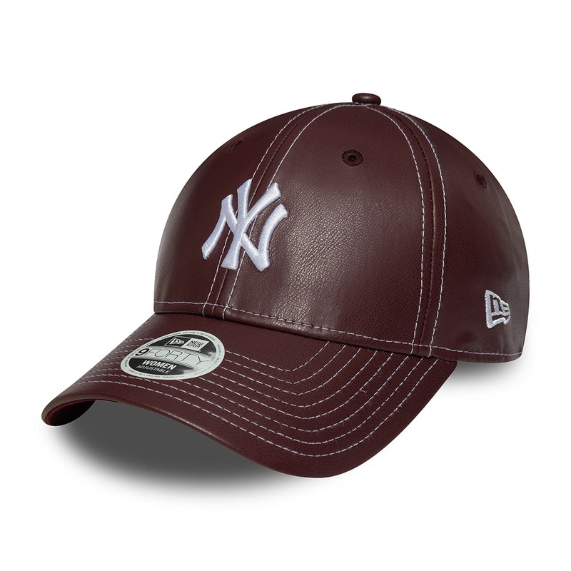 New Era Womens 9FORTY New York Yankees Baseball Cap – MLB Topstitch PU – Burgundy-White Adjustable