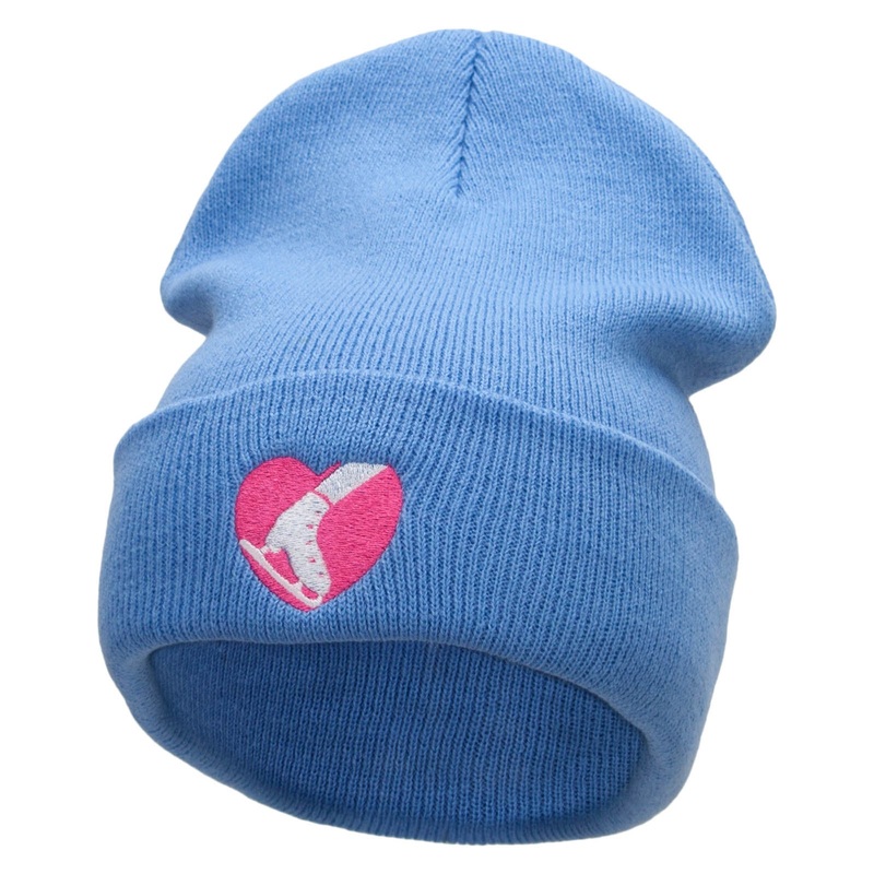 Ski Heart Embroidered 12 Inch Long Knitted Beanie Sky Blue One Size