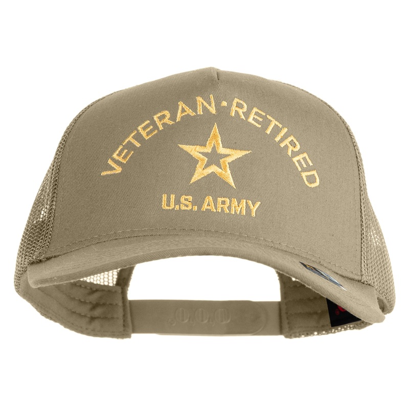 Star US Army Veteran Retired Embroidered Solid Cotton Twil 5 panel Mesh Back Cap Khaki One Size