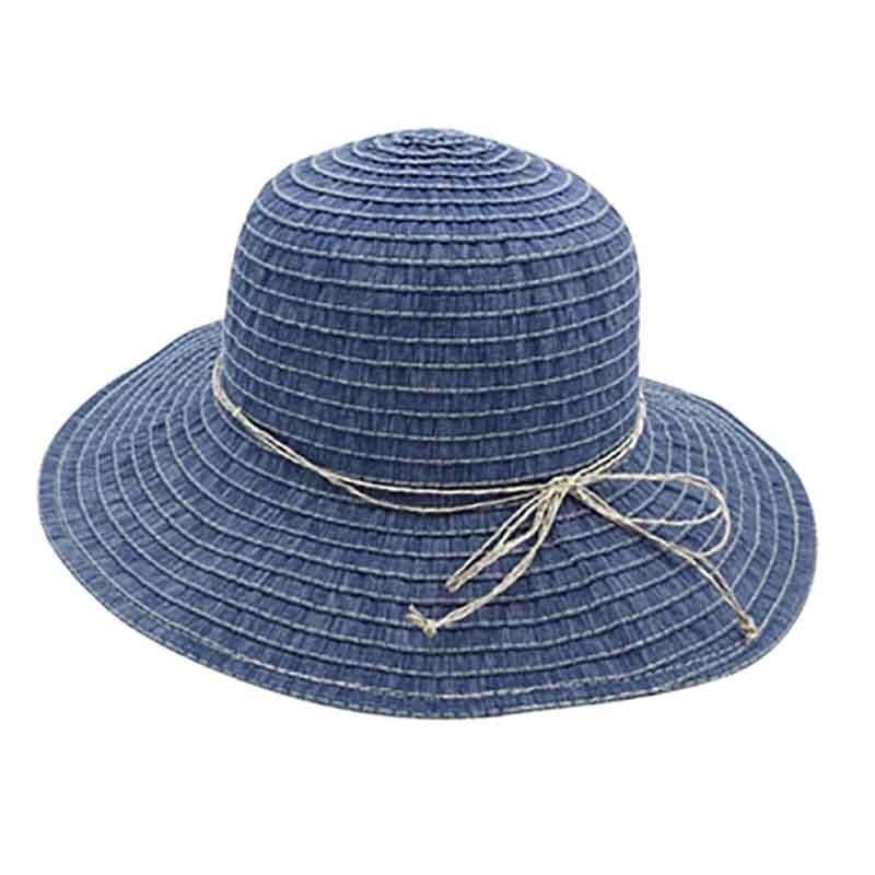 Denim Ribbon Sun Hat with Straw String Bow Navy Medium (57 cm)