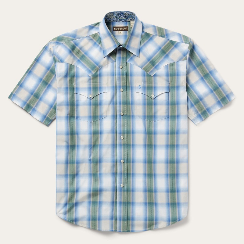 Moss Plaid Short-Sleeve Western Shirt Blue S