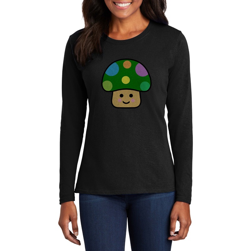 Pokadot Toad Mushroom Women’s Big Size Brand Name Long Sleeve Cotton T-Shirt Jet Black XL