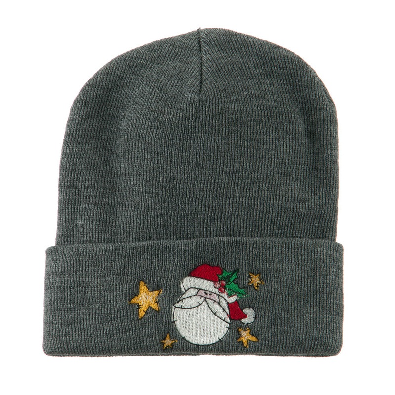 Santa Claus with Stars Embroidered Beanie Grey One Size