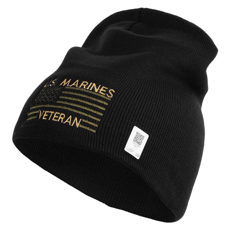 US Marine Veteran Flag Symbol Embroidered 8 Inch Short Beanie Made in USA Black One Size