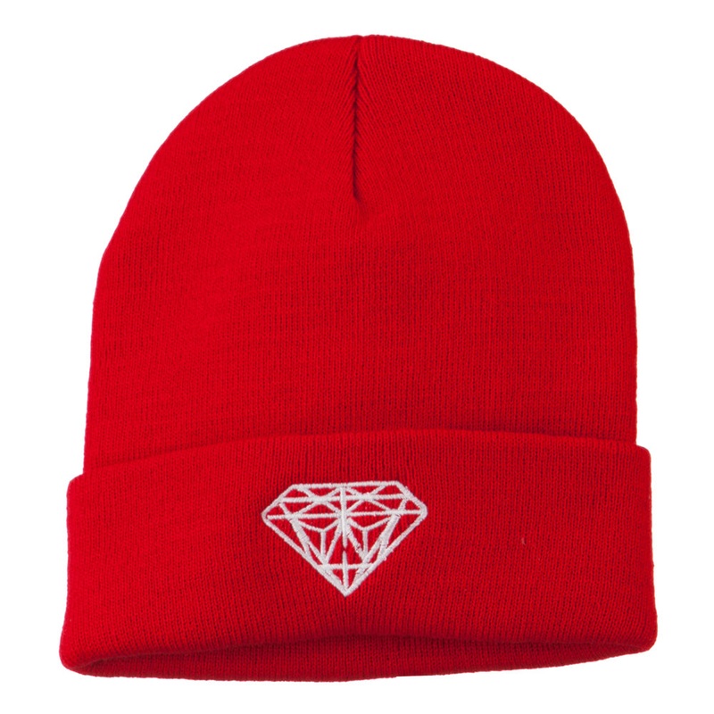 White Diamond Embroidered Long Cuff Beanie Red One Size