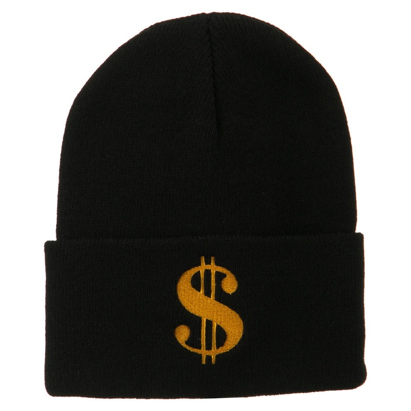 Dollar Sign Embroidered Long Knitted Beanie Black One Size