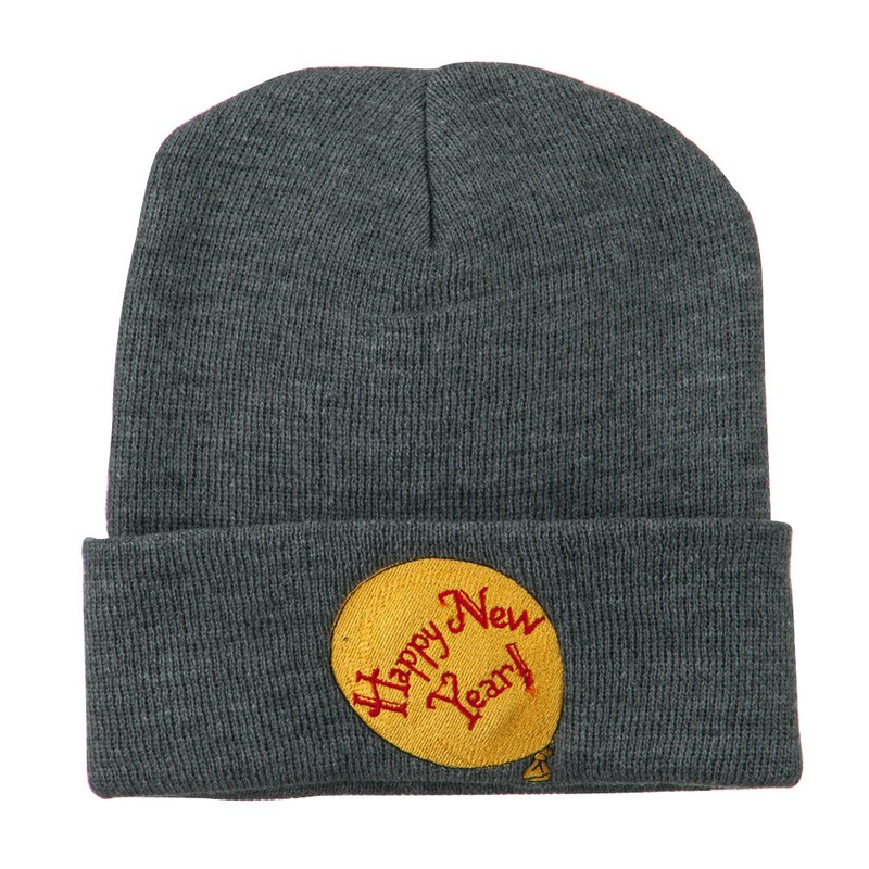 Happy New Year Balloon Embroidered Beanie Grey One Size