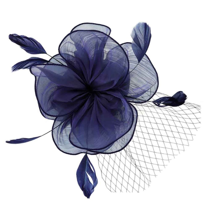 Satin Flower Petals Fascinator with Feathers – Something Special Navy
