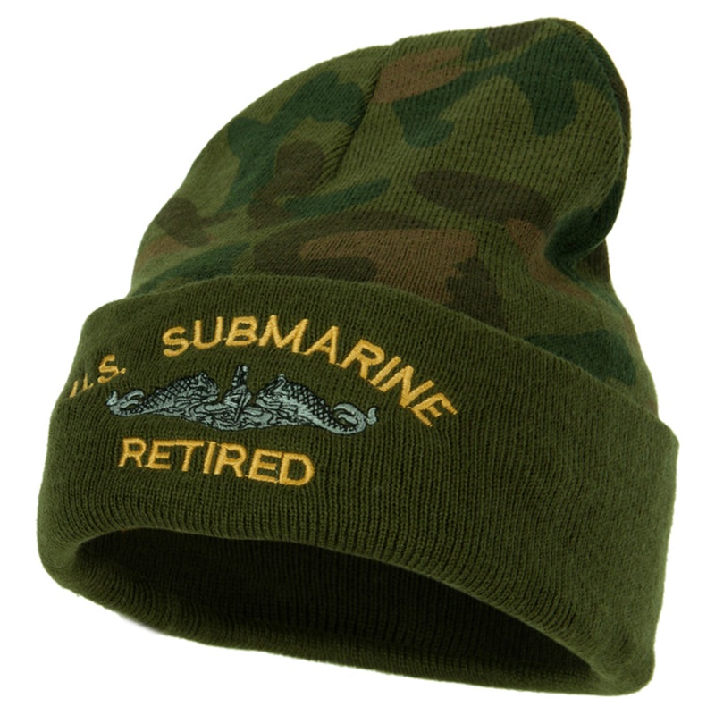 US Submarine Retired Military Embroidered Camo Long Beanie Green One Size
