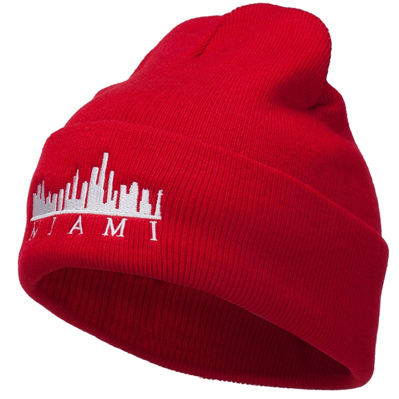 Miami Skyline Embroidered Cuffed Long Beanie Red One Size