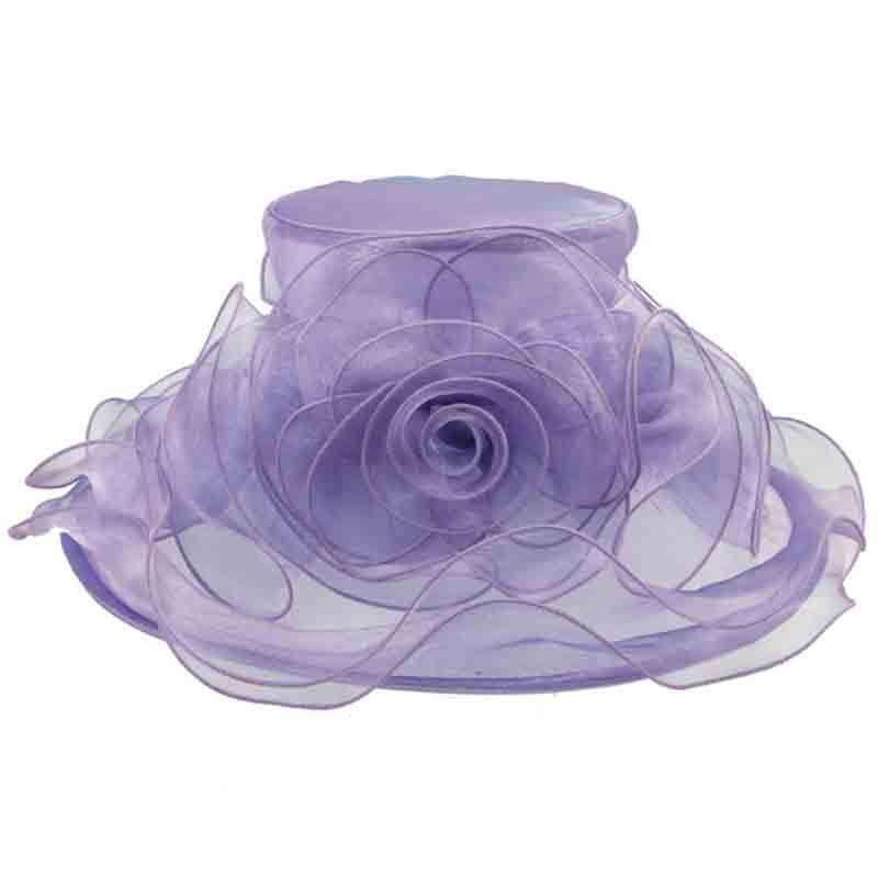 Ruffle Brim Organza Hat with Rose Center Lavender
