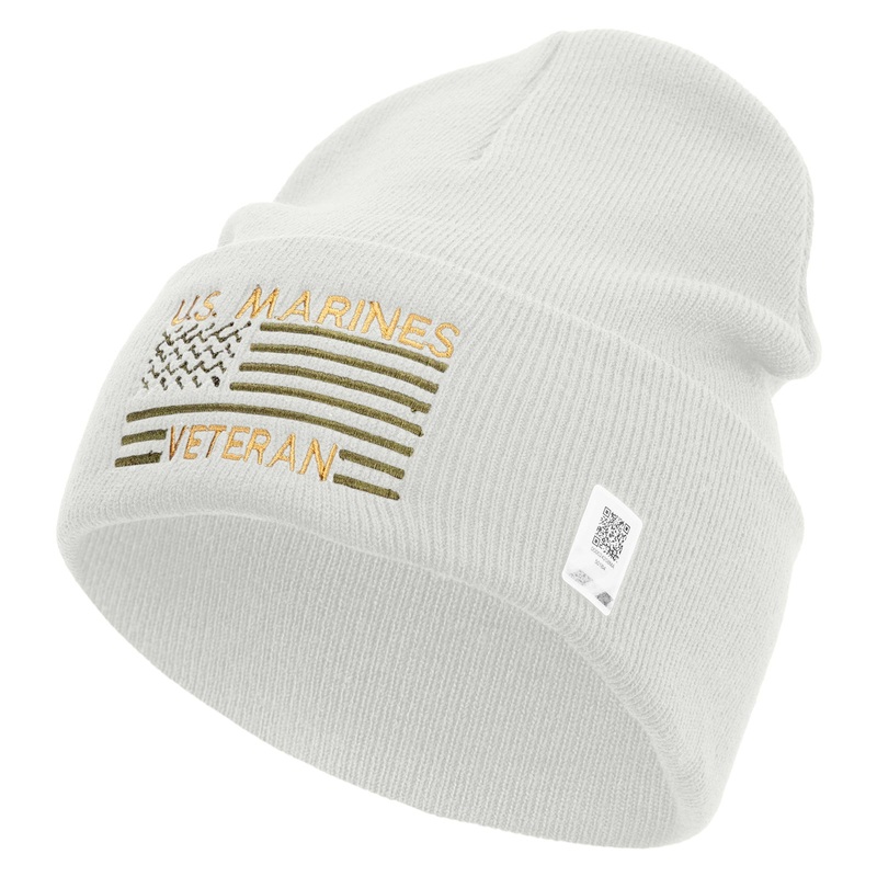 US Marine Veteran Flag Logo Embroidered 12 Inch Solid Knit Cuff Long Beanie Made in USA White One Size