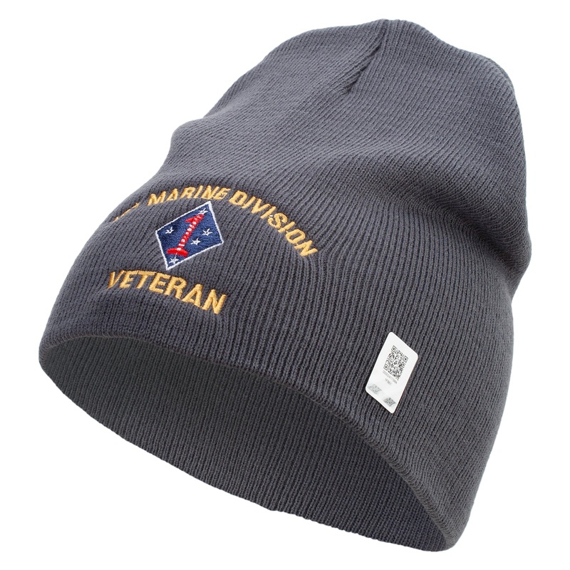 1st Marine Division Veteran Symbol Embroidered 8 Inch Solid Knit Short Beanie Made in USA Charcoal One Size