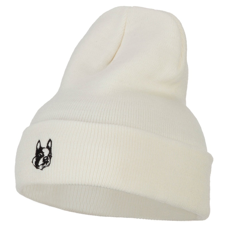 Boston Terrier Dog Face Embroidered Long Beanie White One Size