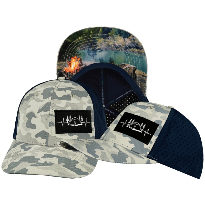 Camping Hat – Baseball Hat Fit – Soft Gray Camo / Navy – Laser Mesh
