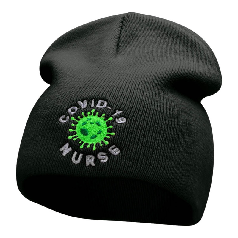 Covid Nurse Symbol Embroidered Short Knitted Beanie Black One Size