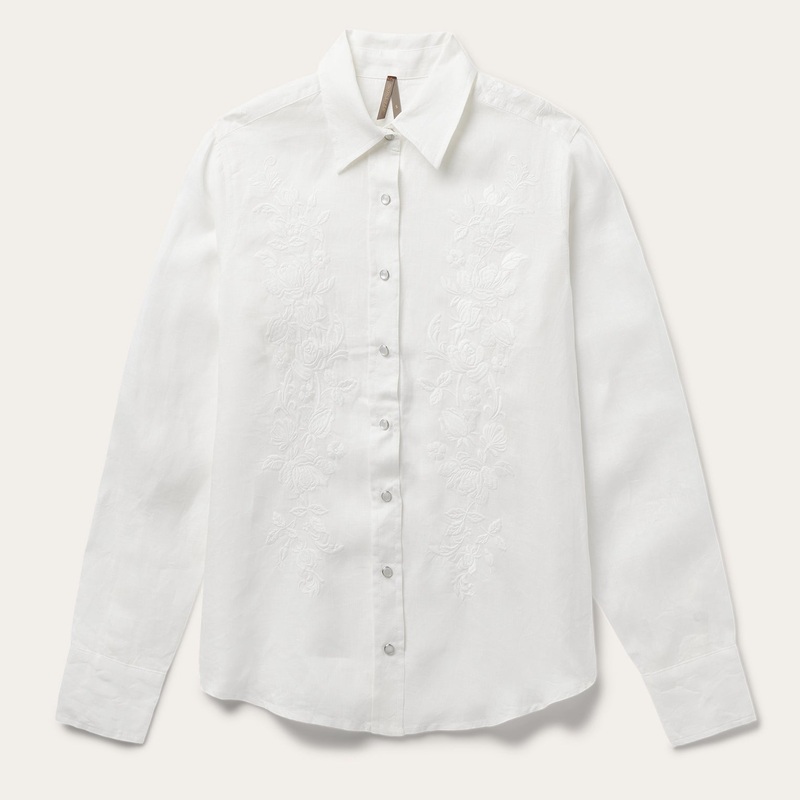 Floral Embroidered White Linen Shirt White XS