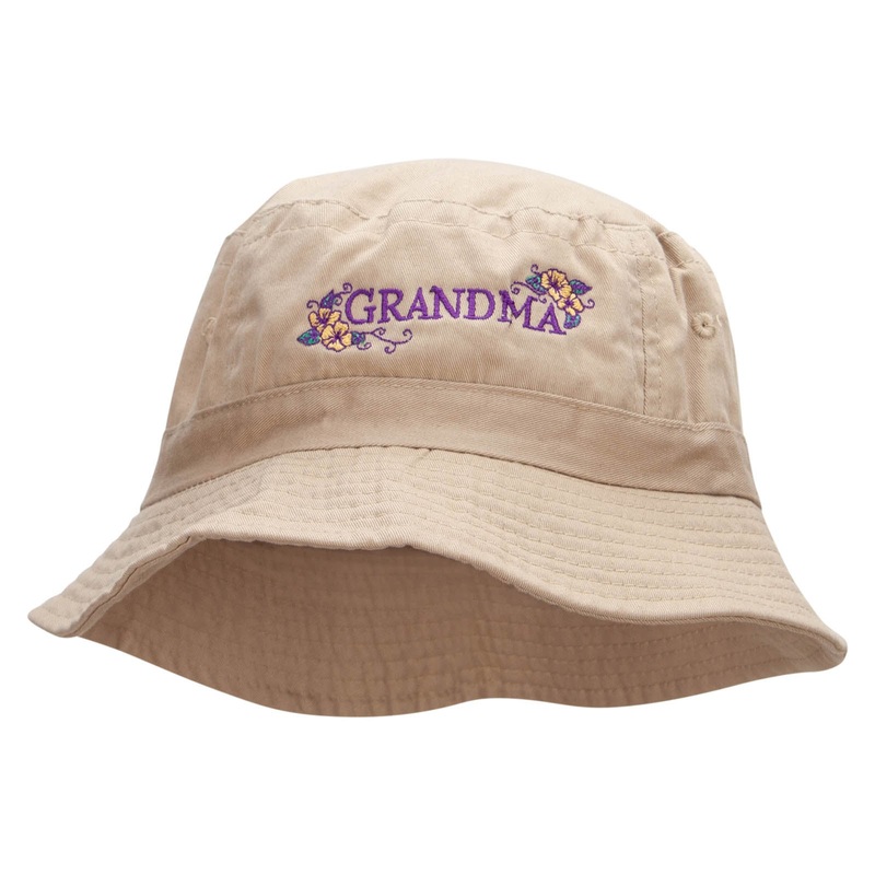 Floral Grandma Embroidered Bucket Hat Khaki One Size