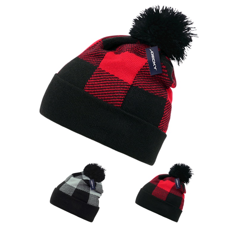 Lot of 12 Decky Buffalo Plaid Pom Beanies Knit Caps Red Plaid Buffalo Check Bulk Black Plaid