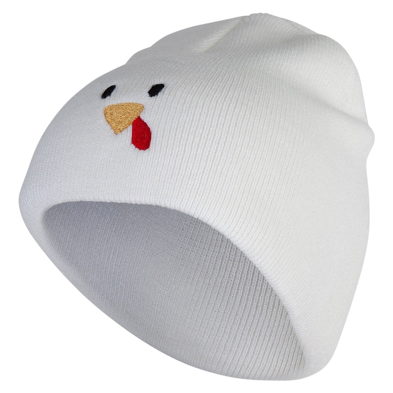 Turkey Face Embroidered 8 inch Acrylic Short Blank Beanie White One Size