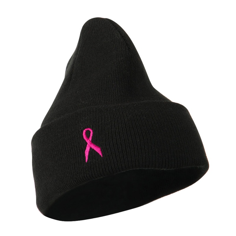Breast Cancer Ribbon Embroidered Cuff Beanie Black One Size