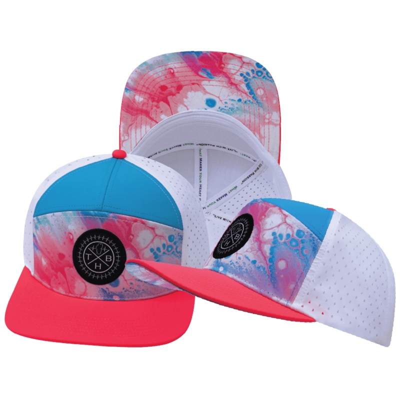 Color Vibes Hat – Flat Bill – Pixi Dust – Neon Peach / Neon Blue / White – Laser Mesh