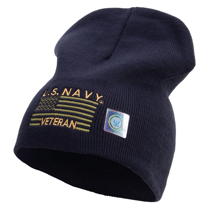 Made in USA Navy Veteran Flag Symbol Embroidered 8 Inch Solid Knit Short Beanie Navy One Size