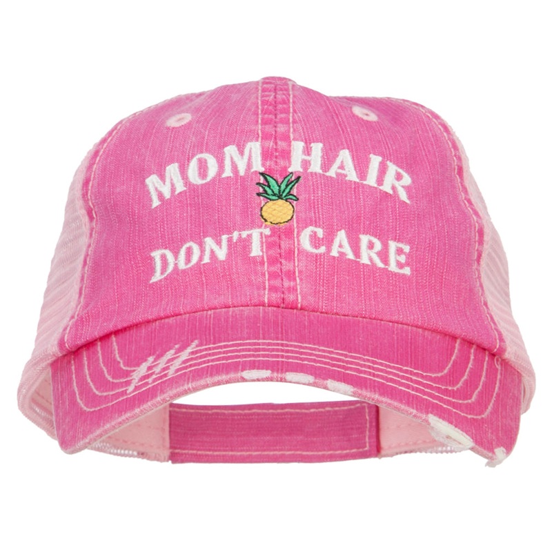 Mom Hair Don’t Care Embroidered Cotton Mesh Cap Fuchsia One Size