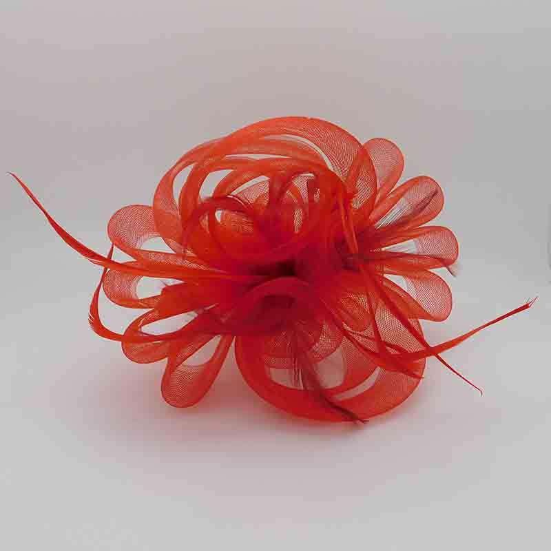 Triple Flower Loopy Mesh Fascinator with Feather Detail Red