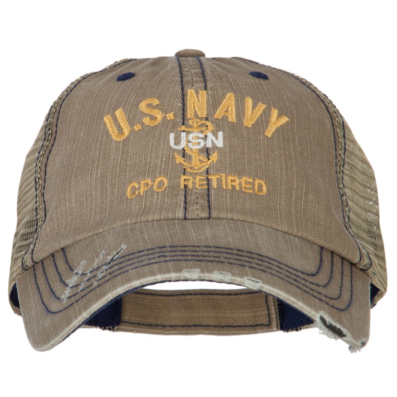 US Navy CPO Retired Embroidered Low Profile Cotton Mesh Cap Khaki One Size