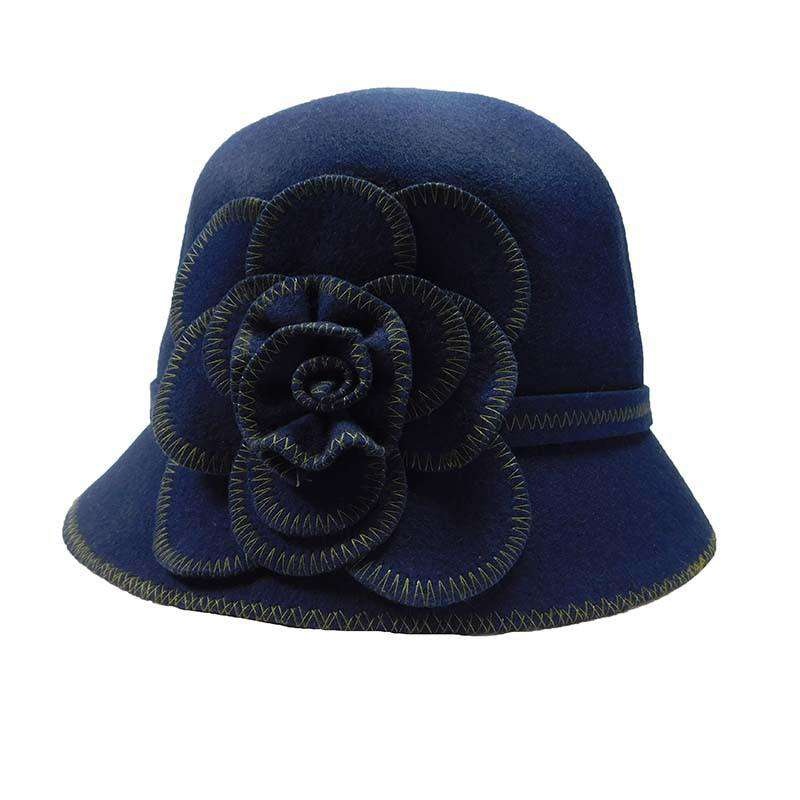 Wool Felt Cloche with Stitched Flower – JSA Navy OS (22.5″)