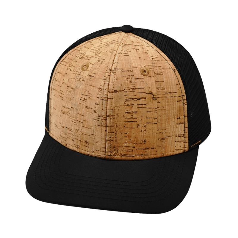 Blank – 6 Panel  – Cork – Textured Black (Unisex) – Trucker Mesh