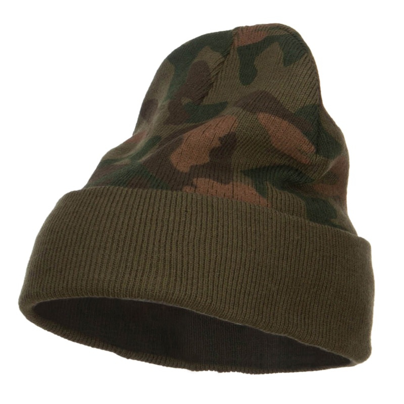 Camo Knit Long Beanie with Cuff Green One Size