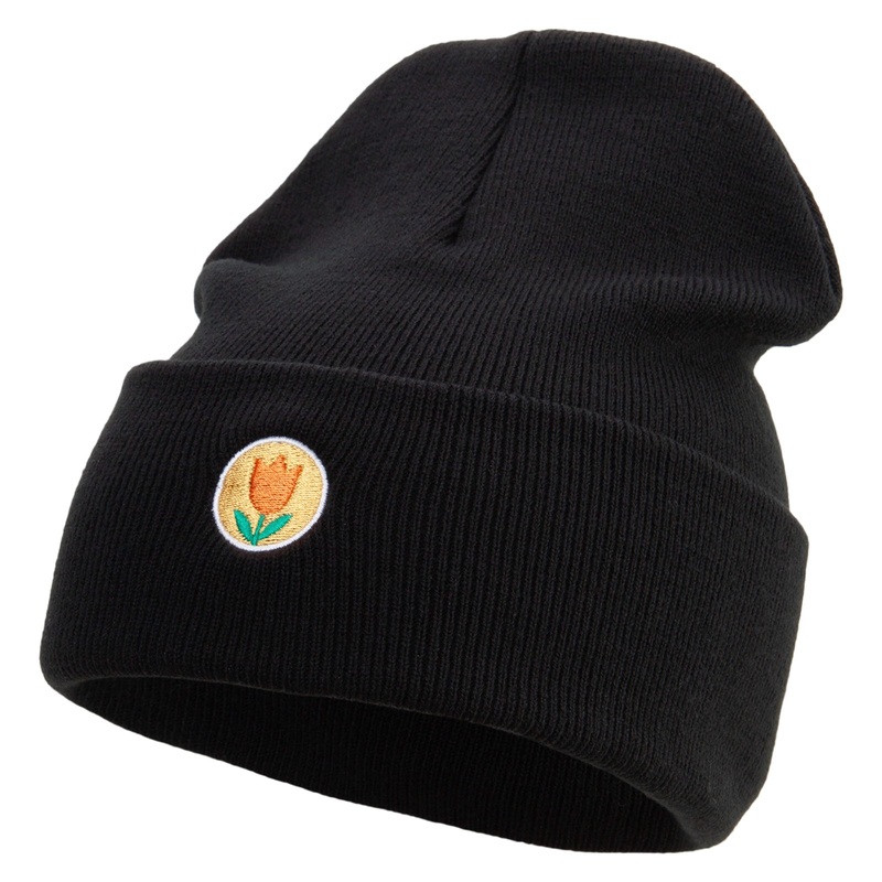 Made in USA Circle Tulip Embroidered 12 Inch Solid Knit Cuff Long Beanie Black One Size