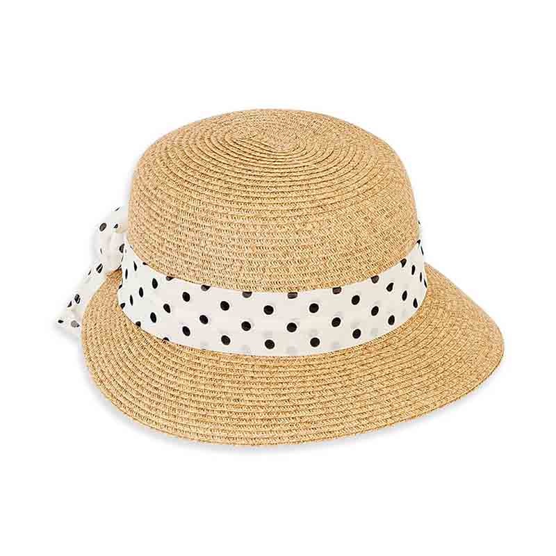 Petite Asymmetrical Brim Hat with Polka Dot Sash – Sunny Dayz Hat Natural Small (54 cm)