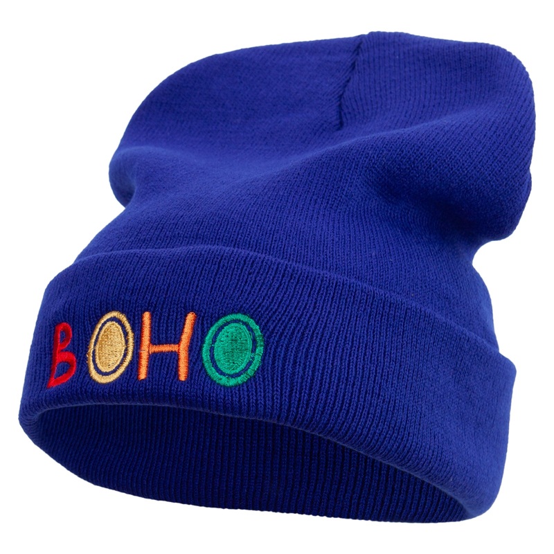 Artistic Boho Logo Embroidered 12 Inch Long Knitted Beanie Royal One Size
