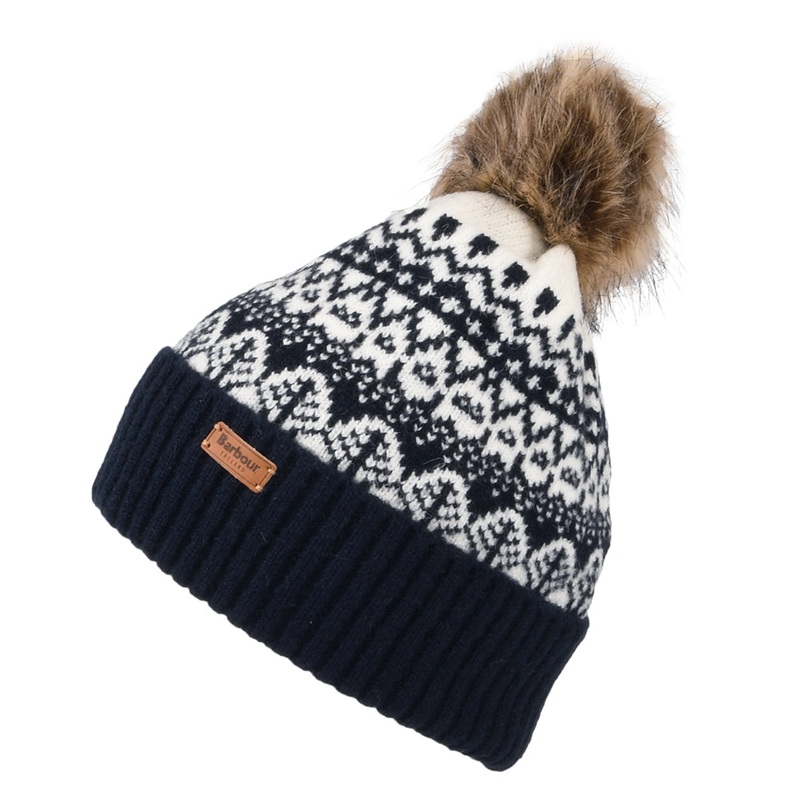 Barbour Hats Alpine Fair Isle Faux Fur Pom Bobble Hat – Navy Blue 1-Size