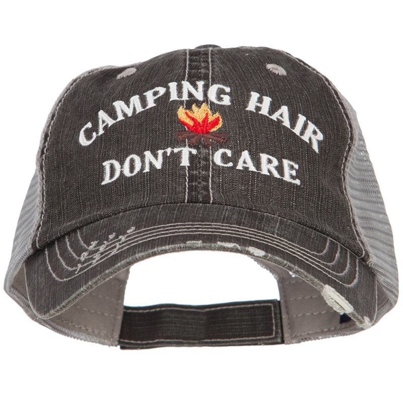 Camping Hair Don’t Care with Fire Embroidered Cotton Mesh Cap Black One Size