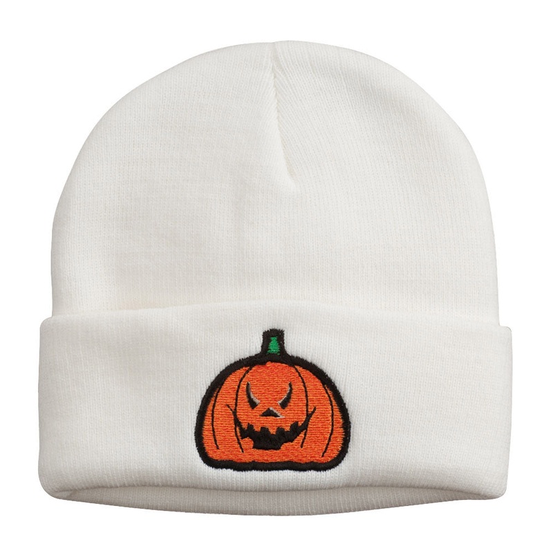 Halloween Evil Jack o Lantern Embroidered Long Beanie White One Size