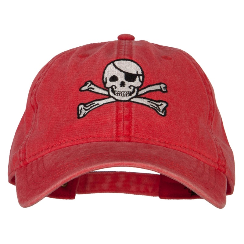 Jolly Rogers Skull Embroidered Washed Cotton Twill Cap Red One Size
