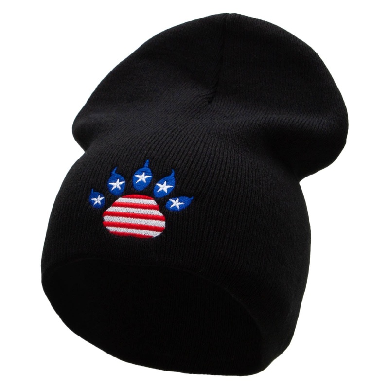 Made in USA Flag Patterned Paw Embroidered 8 Inch Solid Knit Short Beanie Black One Size