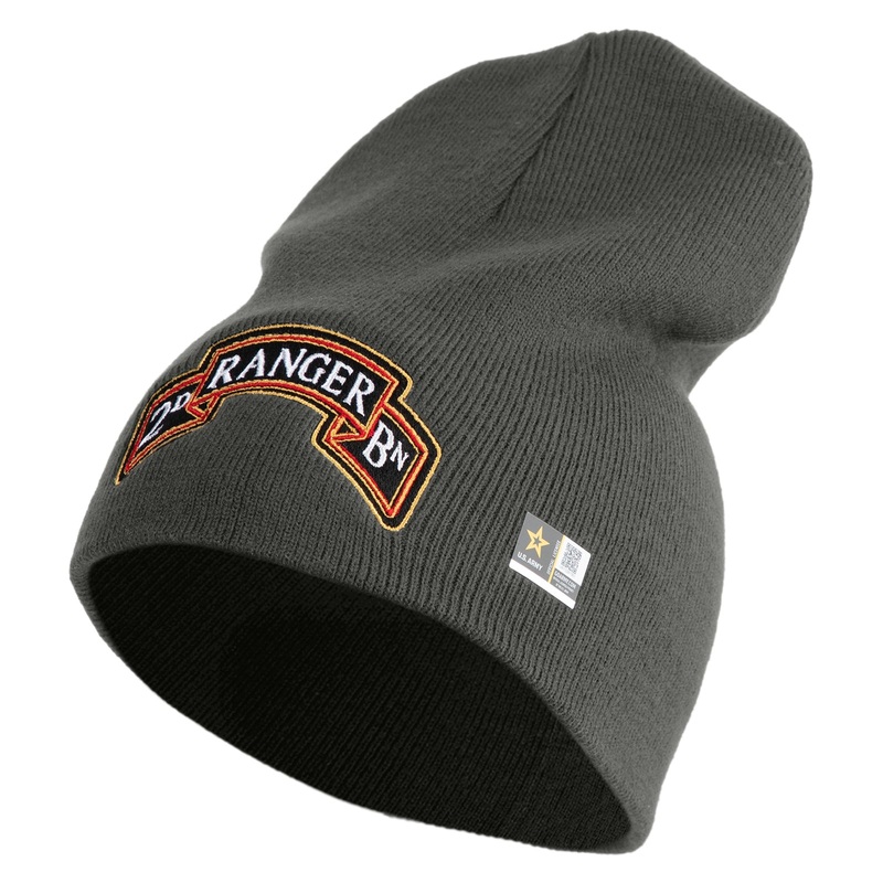 U.S. Army 2nd Ranger Battalion Symbol Embroidered 8 Inch Solid Knit Short Beanie Made in USA Charcoal One Size