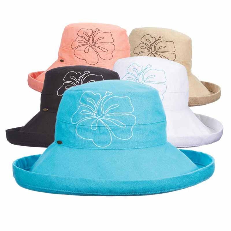 Up Turned Brim Cotton Sun Hat with Hibiscus Embroidery – Scala Hats Black