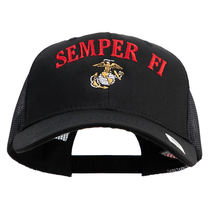 US Marine Semper Fidelis Design Embroidered 6 Panel Structured Cotton Twill Mesh Cap Made in USA Black One Size