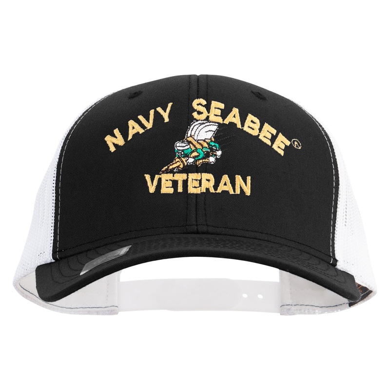 US Navy Seabee Veteran Embroidered Contrast Trucker Cap Black White One Size